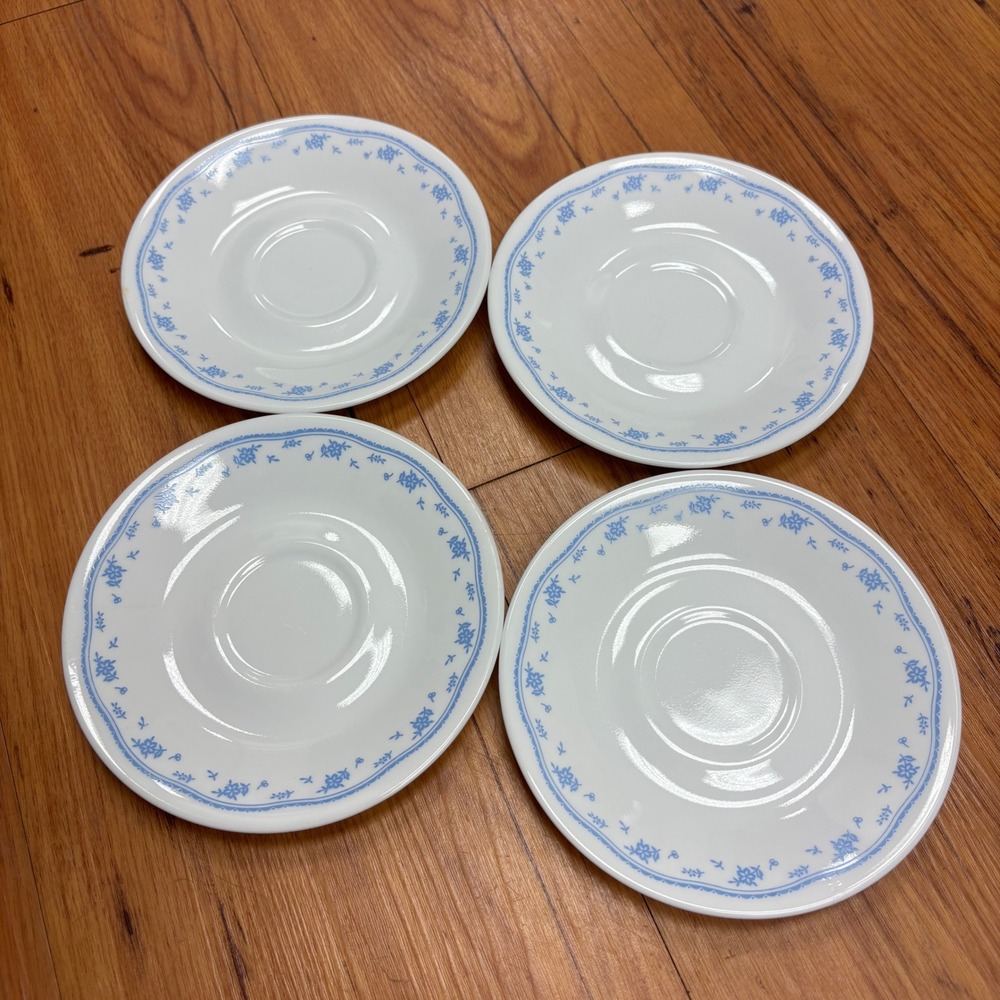 Corelle Morning Blue Saucers Set of 4 White Blue Floral Vitrelle Glass Plates 4"